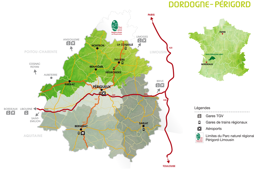 Carte de localisation du Périgord Vert en France et en Dordogne